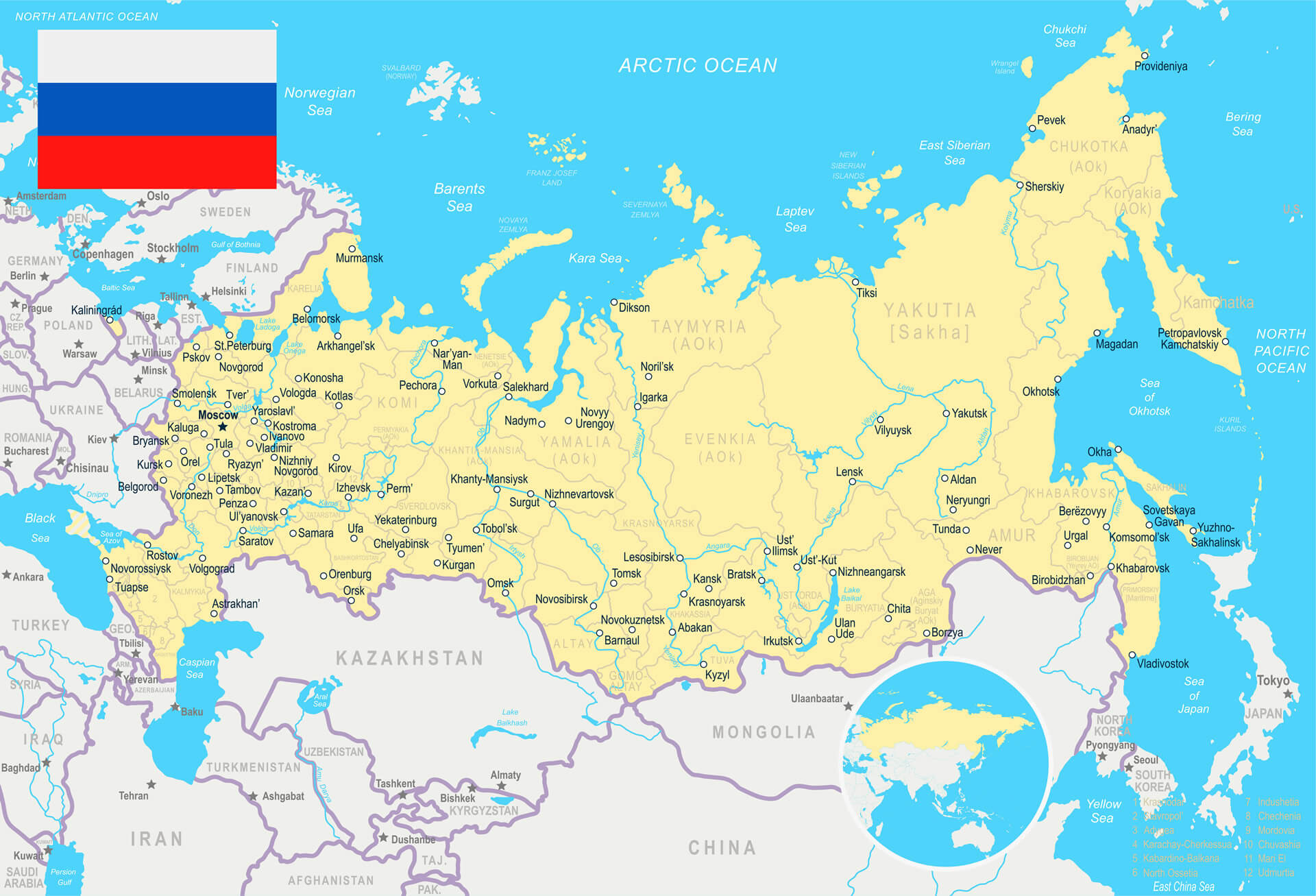 Russia Map with Rivers and Lakes